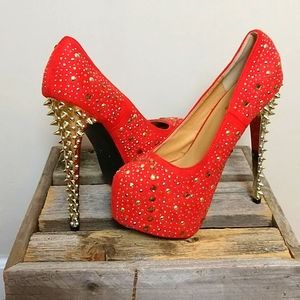Machi Red & Gold Platform Gold Spiked Heels Sz 8